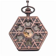 Weisizhong Antik Perunggu Merah Heksagonal Otomatis Pendant Fob Watch Retro Jam Saku Keychain Vintage Mechanical Jam Saku dengan Rantai (kuning)