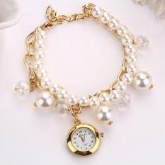 Wanita Mutiara Buatan Imitasi Jam Tangan QUARTZ Gelang Wristwatche Emas Intl