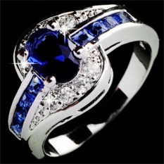 Wanita Biru Sapphire Putih Emas Diisi Cincin Pertunangan Jewellry Biru Ukuran 9-Intl