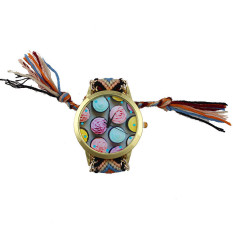 Women Ice cream Pattern Weaved Rope Band Bracelet Quartz Dial Watch Black+Brown