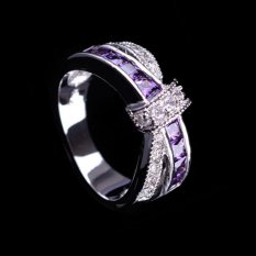 Wanita Perhiasan Putih Emas Ungu Amethyst Cincin Jari Cross Elegan Cincin (Ukuran: 7)-Intl