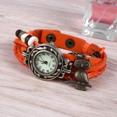 Women Owl Pendant Weave Analog Quartz Wrist Watch Leather Band Bracelet - intl