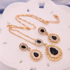 Wanita Berlian Buatan Rantai Kalung Liontin Kristal Anting-Anting Perhiasan Set Hitam Satu Ukuran-Internasional