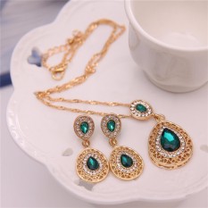 Wanita Berlian Buatan Rantai Kalung Liontin Kristal Anting-Anting Perhiasan Set Hijau Satu Ukuran-Internasional