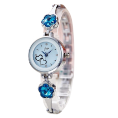 Wanita Rhinestone Baja Lapis Kuarsa Watch (Perak + Biru Langit)-Intl