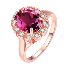 Cincin Wanita Warna Rose Gold Berlapis Zircon Merah dengan Bentuk Oval Bertatahkan Kristal Mengkilau Zicron Rhinestone