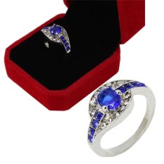 Women Safir Putih Emas Diisi Cincin Pertunangan Perhiasan Biru Ukuran 7-Intl