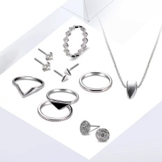 Wanita Kepribadian Sederhana Anting Jari Cincin Set Wanita Perhiasan Hadiah Silver Warna: Perak Spesifikasi: Kalung + Anting-Anting + Ring-Internasional