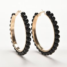 Wanita Trendy Faux Pearl Anting Manik-manik Chic Telinga Berlapis Emas Lingkaran Anting-Anting Hitam