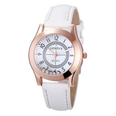 Wanita Rose Gold Metal Case Kulit Watchband Slip Diamonds QUARTZ Watch Warna: Putih-Intl