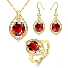Wanita Emas Plated Earrings Kalung Cincin dengan Waterdrop Zircon Brass Jewelry Set Party Glisten