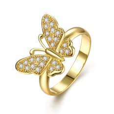 Wanita Zircon Putih Berlapis Emas Cincin dengan Kupu-kupu Fashion Mewah Crystal Alloy Gift-Intl