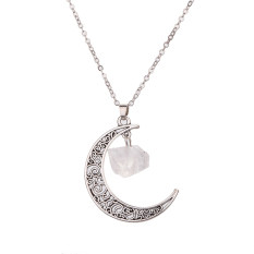 Wanita Liontin Kalung Hollow Keluar Setengah Batu Bulan Rantai Kalung (Putih Batu)