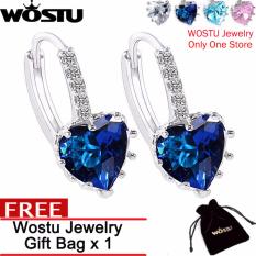 WOSTU Perhiasan 100% Asli Platinum Disepuh 4 Warna Stones Fashion Cantik Bentuk Hati AAA Zircon Stud Hoop Earrings untuk Wanita dengan Anting Mewah Perhiasan Hadiah ZBFE095