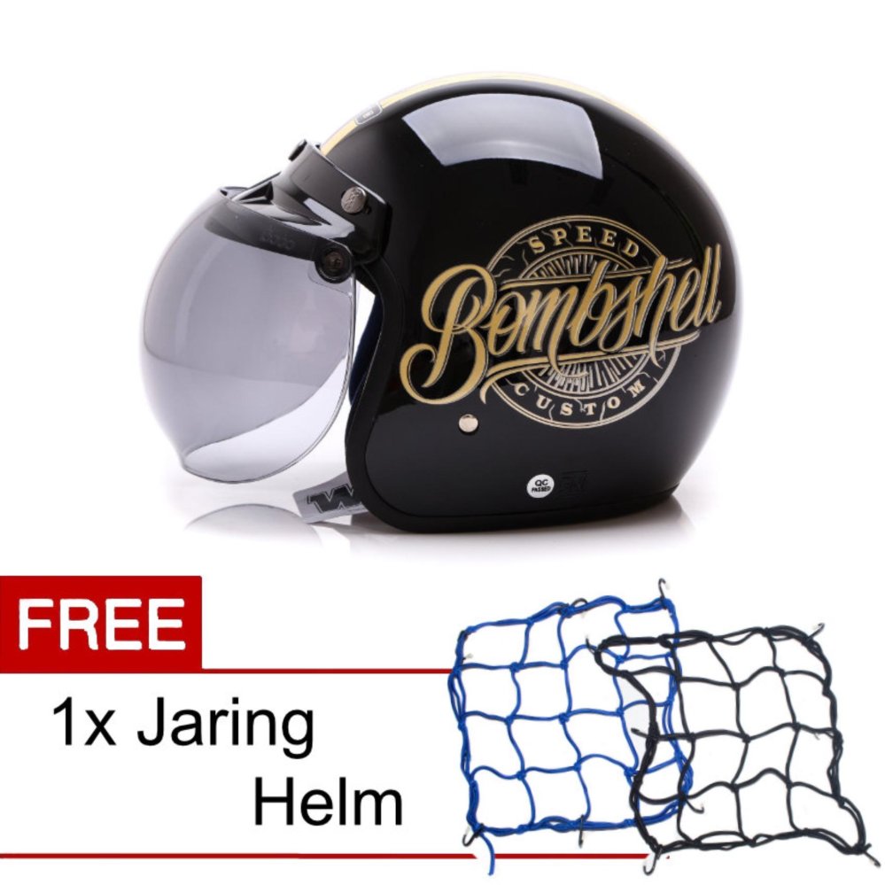 WTO Helmet Retro Bogo - Bombshell - Hitam Gold + Promo Gratis Jaring Helm