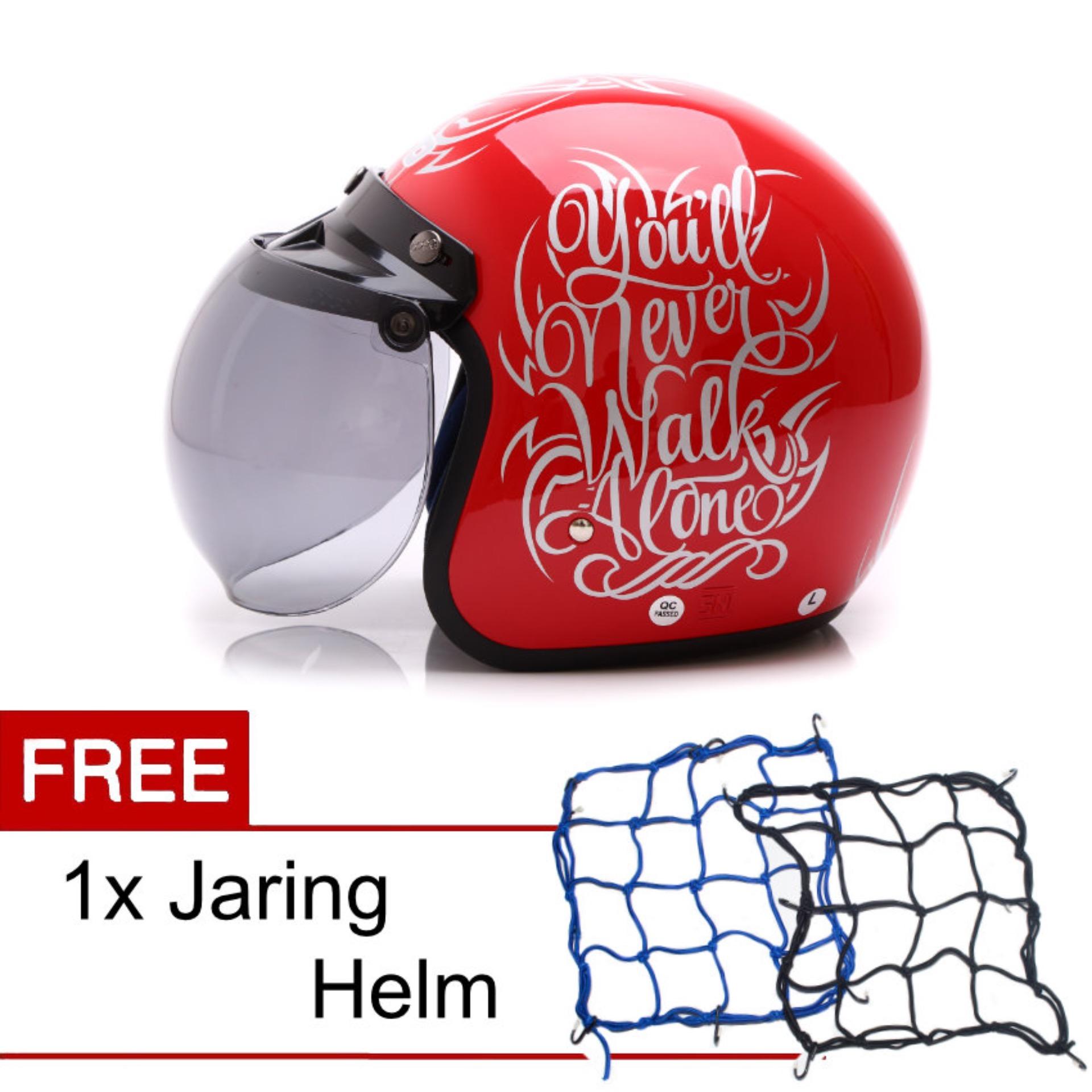 WTO Helmet Retro Bogo - Walk Alone - Merah Silver + Promo Gratis Jaring Helm
