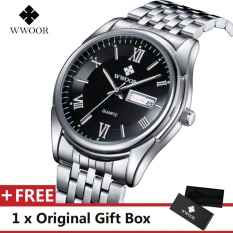 WWOOR Top Merek Mewah Menonton Terkenal Fashion Olahraga Cool Men QUARTZ Watches Calendar Waterproof Stainless Steel Jam Tangan untuk Pria Hitam -Intl