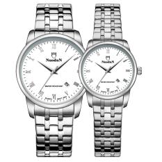 XUNMEI NUODUN Korea Versi Sederhana Fashion Jam Tangan Baja Halus Strip Angka Romawi Tipis Slim Couple Jam Tangan Kalender (Silver)