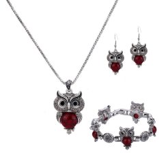 Yazilind New Fashion Metal Owl Ruby Anting Kalung Perhiasan Set (Warna: Perak & Merah)