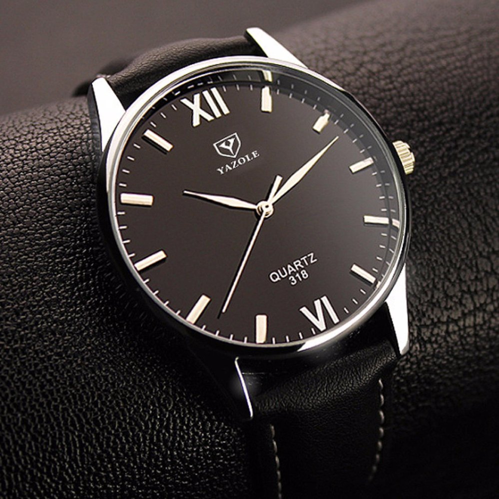 Yazole Jam Tangan Pria Fashion Casual Faux Leather Quartz Analog Men Lady Watch - Black Strap Black Dial