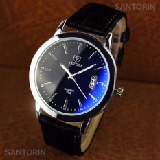 Yazole Pria Analog Jam Tangan Kulit Tahan Air Waterproof Calendar Men Leather Wrist Quartz Watch - Black Strap Black Dial
