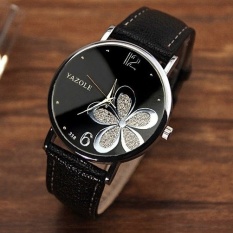 Yazole Round Dial Stainless Steel Ketahanan Air Bunga Pola Kulit Watch-Strap Hitam-Intl