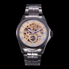 Yydsop OUYAWEI Golden Men Skeleton Mechanical Watch Stainless Steel Tangan Angin Jam Tangan Transparan Steampunk Montre Homme Jam Tangan (Emas)