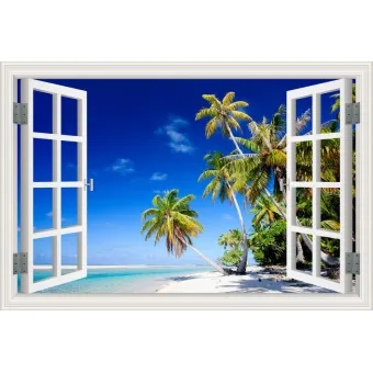 80x120 Cm Tropic Pemandangan Blue Sky Pohon Kelapa 3d Stiker Tembok Kreatif Window View Removable Wall Stiker Dekorasi Rumah