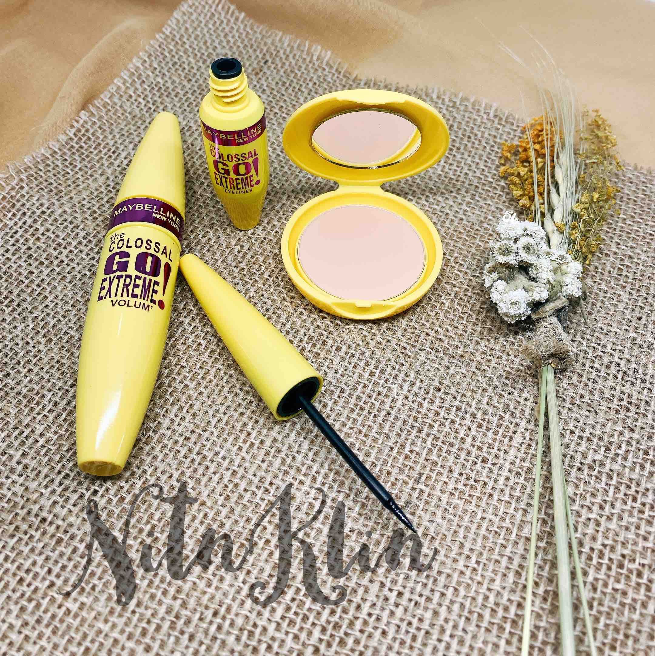 Paket Maybelline Kuning 3in1 (maskara + eyeliner + bedak padat) murah