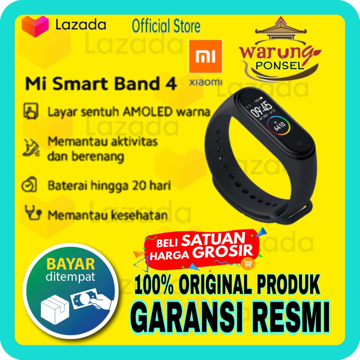 Xiaomi Mi Smart Band 4 original GARANSI RESMI ,LAYAR LCD AMOLED Pemantau Aktifitas dan Berenang Tahan Air 5 ATM Baterai Hingga 20 Hari,WARUNG PONSEL