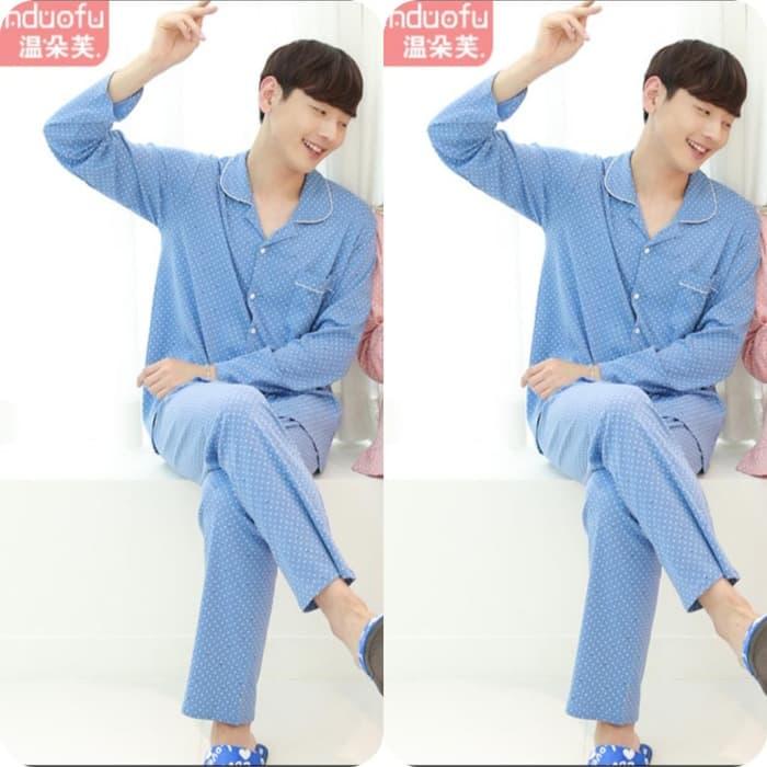 Baju Tidur Pria Dewasa Piyama Polkadot Blue Kerah
