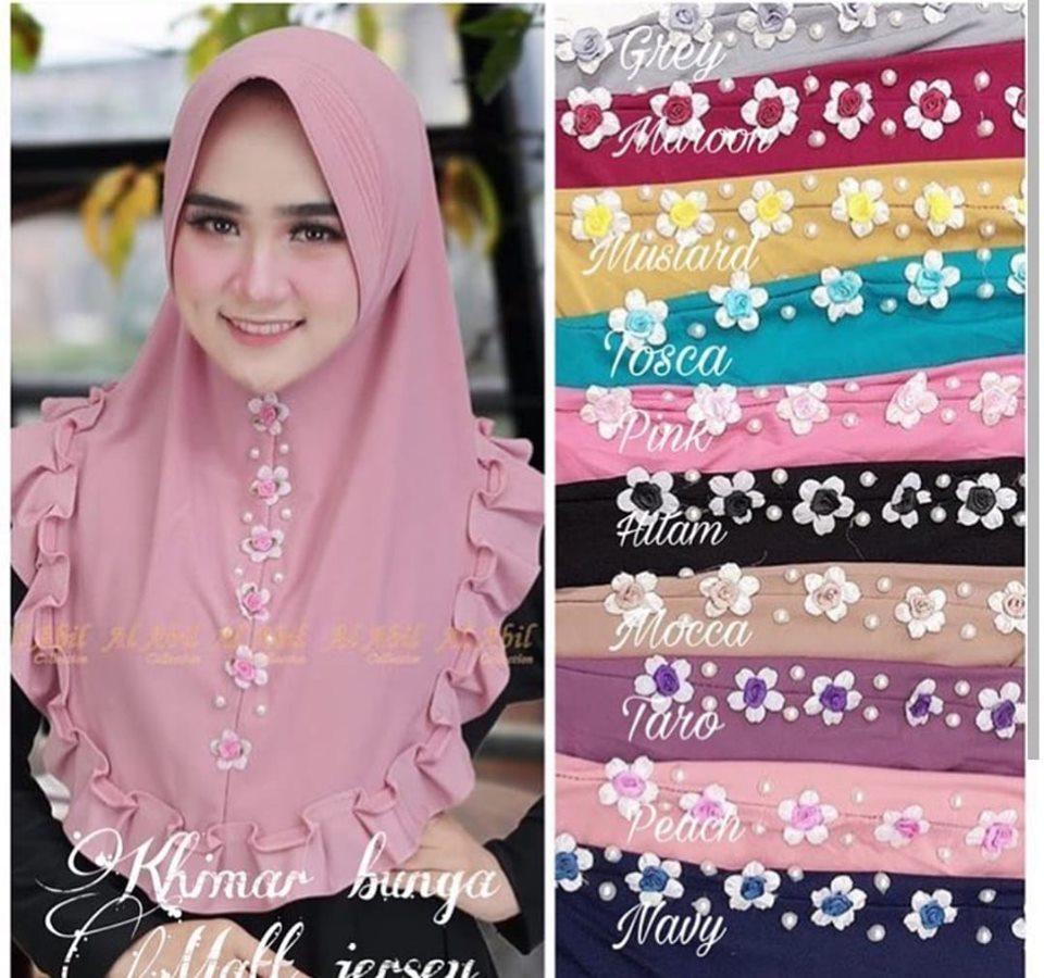 Hijab Khimar Syari R Bunga Jilbab Khimar Syari Kerudung Khimar Syari Instan Terbaru bahan Jersey Rampel Bunga