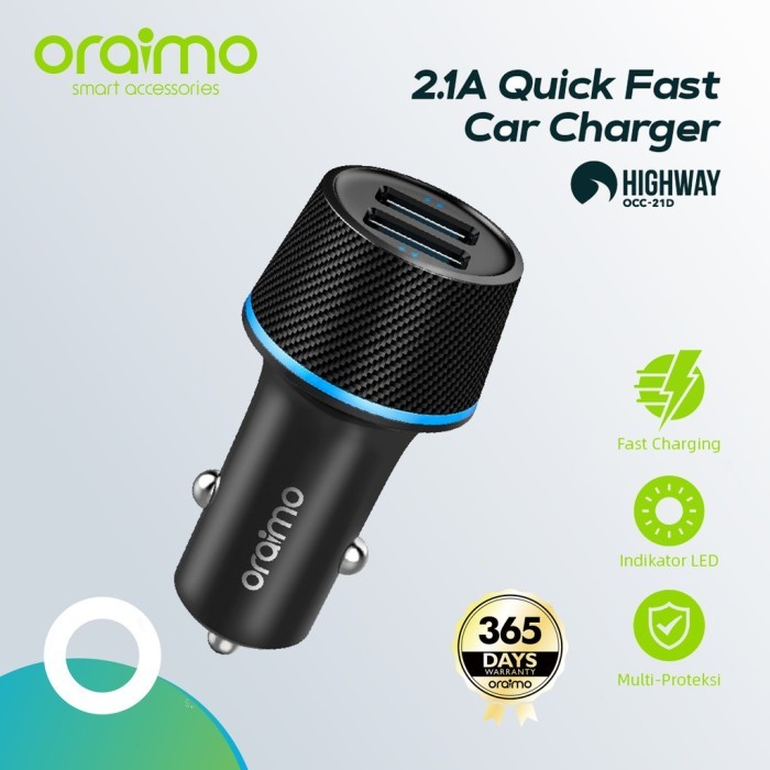 Oraimo Highway 2 Ports Quick Fast Car Charger OCC-21D Harga 49,800 rupiah*Gratis Ongkir