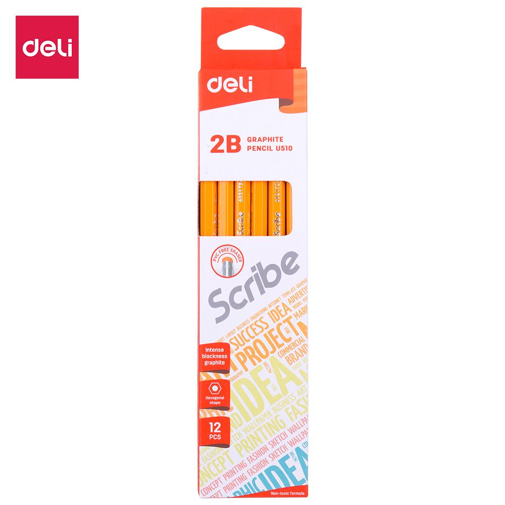 Deli Pensil Kayu / Graphite Pencil - 2B dgn Penghapus / with eraser - Warna cerah, tidak beracun, basswood berkualitas, sertifikat CE & FSC / Bright color, Non-toxic, high quality basswood, CE & FSC certificate (EU51000)