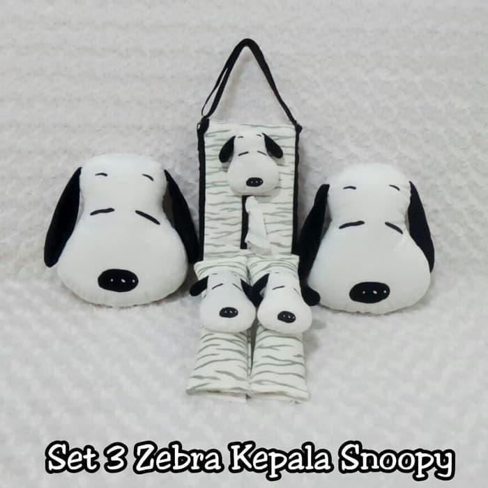 Set bantal headrest sandaran kepala jok leher kursi mobil boneka snoopy zebra hitam putih 3 in 1