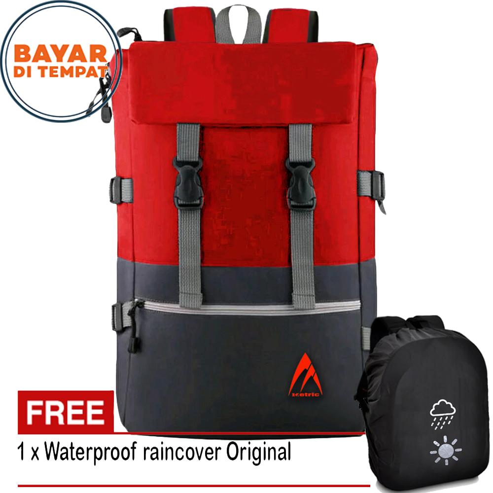 Tas Ransel 0410 Korea Tas Pria Tas Outdoor Tas Backpaker 40L Metric - Red + Waterproof Raincover