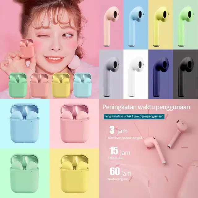 Headset i12 TWS i12 Macaron HEADSET BLUETOOTH DENGAN KOTAK