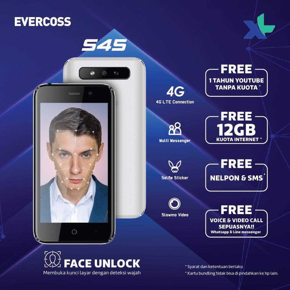 EVERCOSS S45 RAM 1GB/8GB FACE UNCLOCK 4G LTE ANDROID NOUGAT GARANSI RESMI