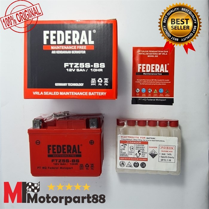 Aki FEDERAL Kering Aki Motor GTZ 5S GTZ-5S 12V 5AH / 10HR FEDERAL