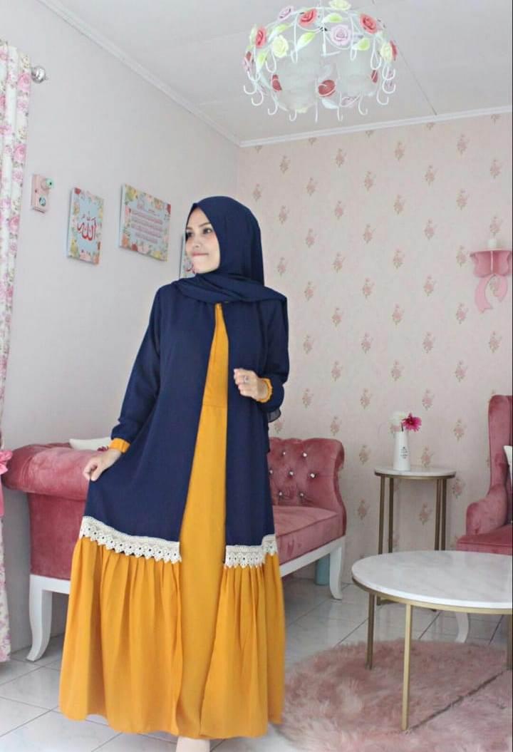 Fashion Wanita Baju Muslim Gamis Sabyan Renda Dongker Navy Kuning