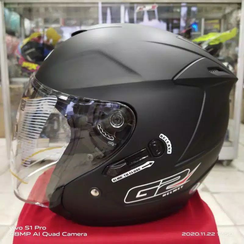 Helm Half Face G2 Optimax Hitam Doff Kaca Double Visor | Helm Pria