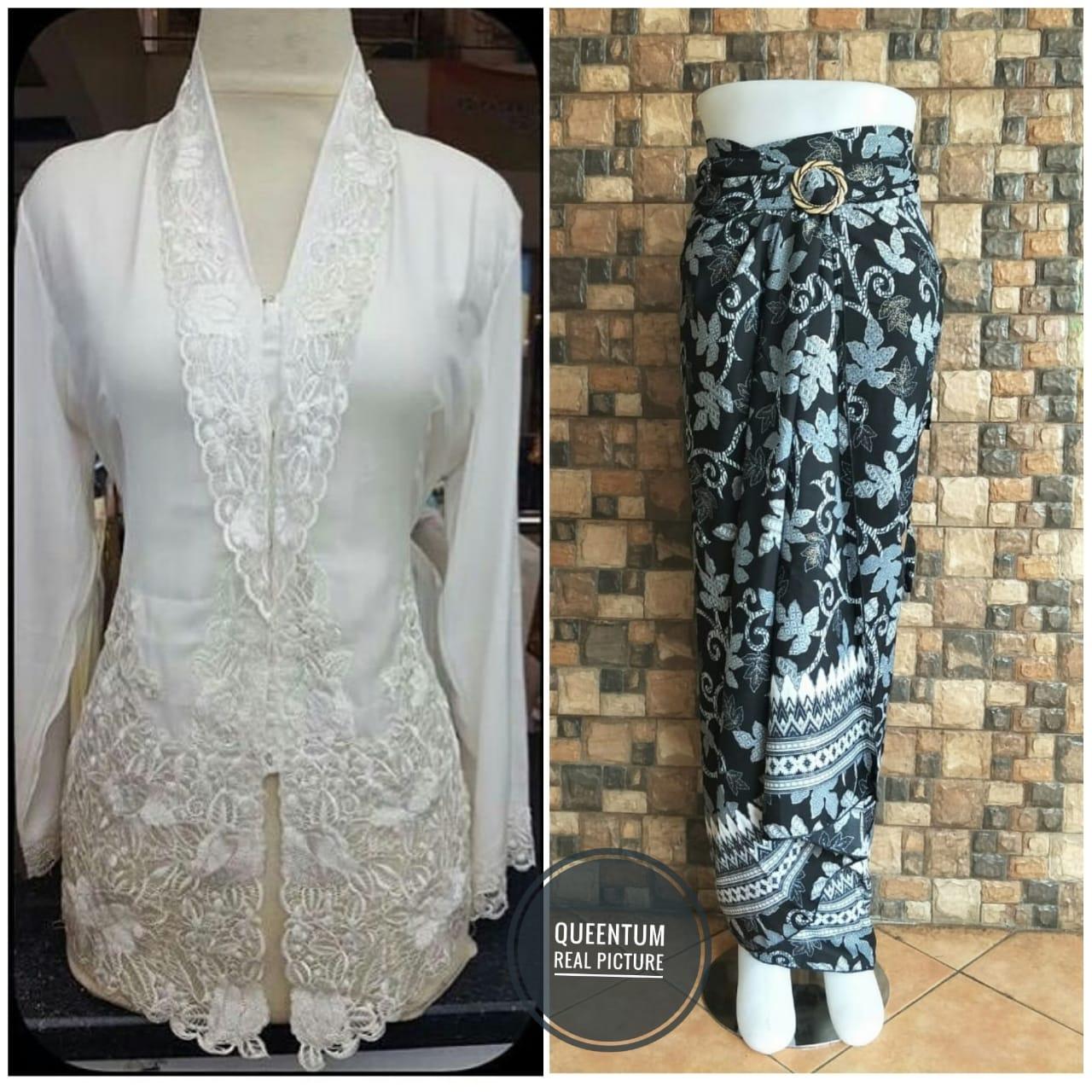 setelan kebaya encim putih tangan panjang dan rok kain lilit batik free ring gesper / kebaya modern Queentum