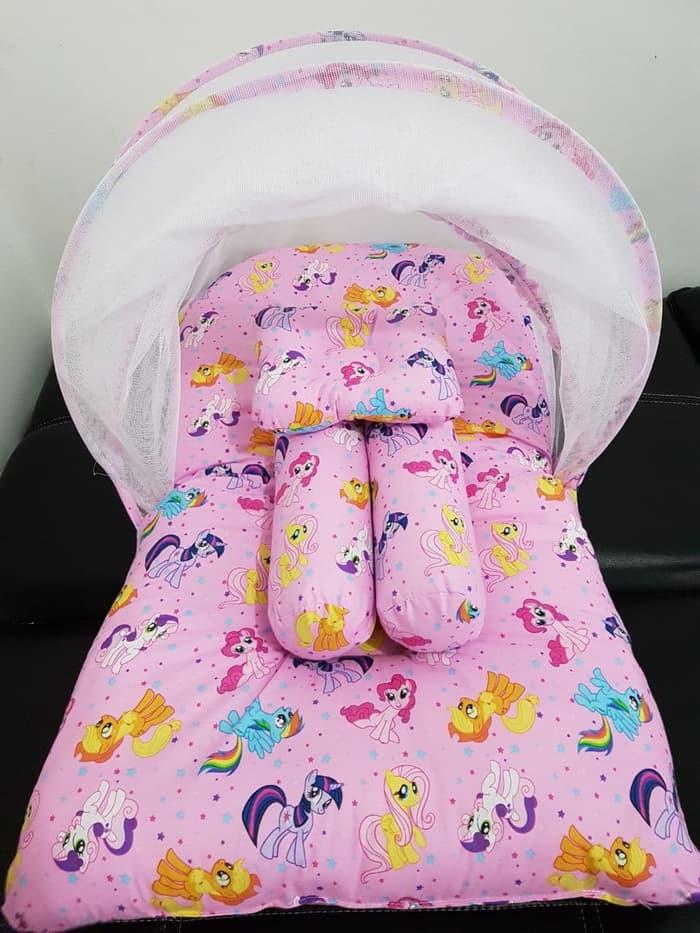 Set kasur bayi kelambu lipat bantal guling kuda pony pink biru hijau - Biru