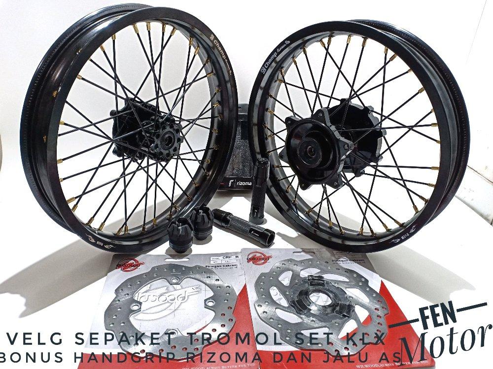 Velg Sepaket Tromol Set Jari-jari Crf 150 - Supermoto - Bonus Cakram Depan Belakang - Jalu As Roda Dan Handgrip Rizoma