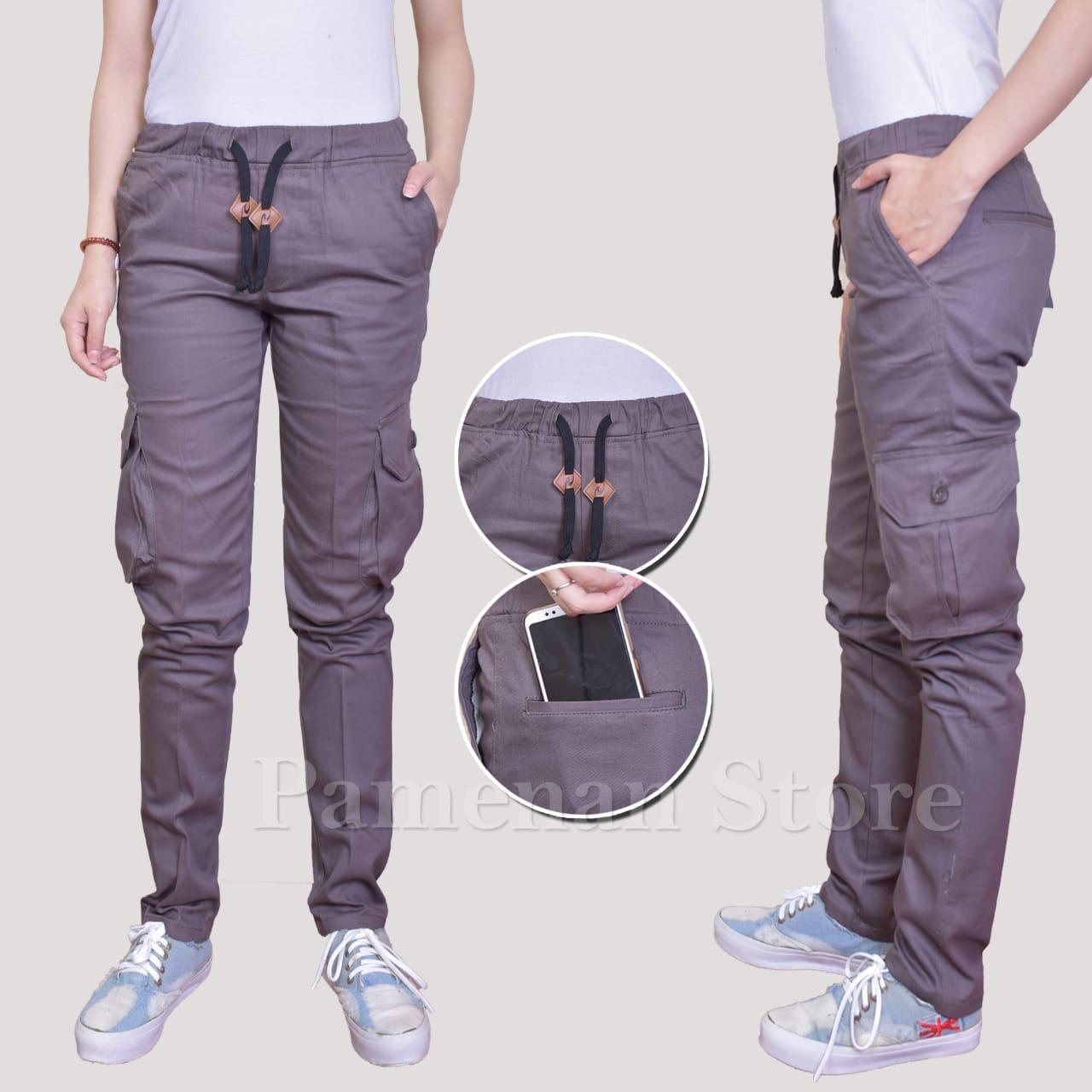 CELANA PANJANG CARGO WANITA bahan KATUN STRECTH/MELAR PINGGANG KARET kantong samping model slimfit bagus murah