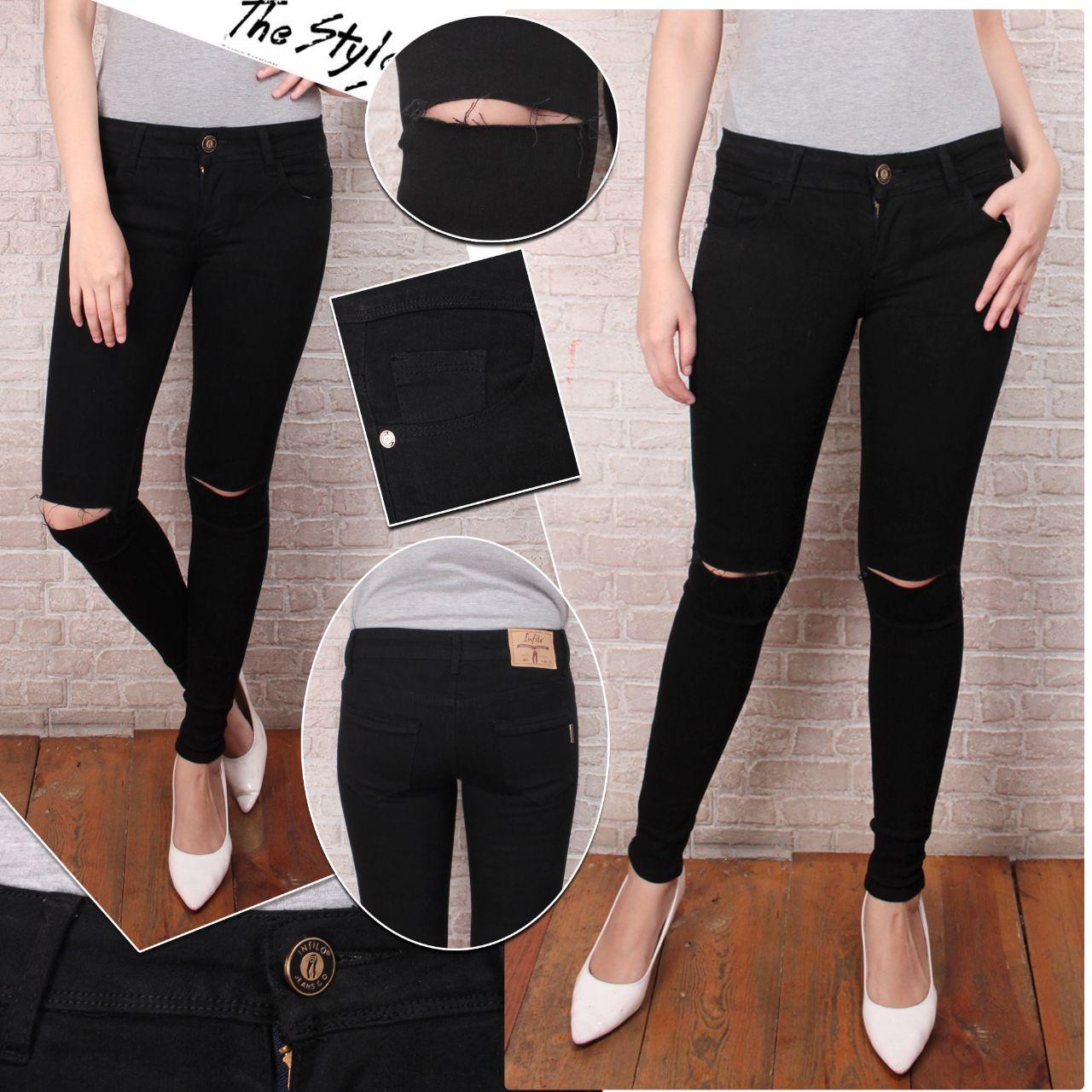 Safa Robek-24574 Jeans Robek Ripped Celana Jeans Wanita Sobek lutut Sobek Lapis Sobek Puring Skinny Street Slim Fit Trendy