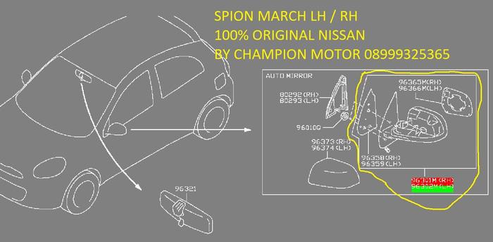 MARCH Spion Assy Tanpa Cover 100⎕riginal Nissan 96301/2-1HH4B