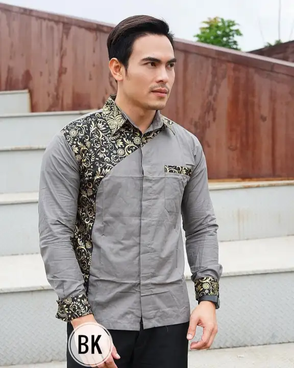 Atasan Kemeja Hem Pria Cowok Kombinasi Batik Warna Abu Grey Silver Lengan Panjang Size M Murah Lazada Indonesia