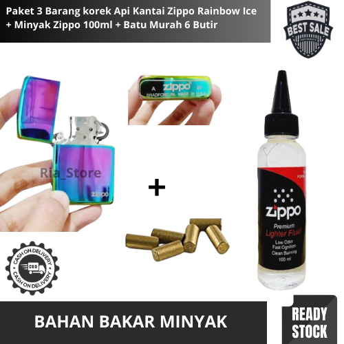 Paket Barang Korek Api Zippo Black Ice Logo Bawah Batu Gold Butir Minyak Zippo Ml