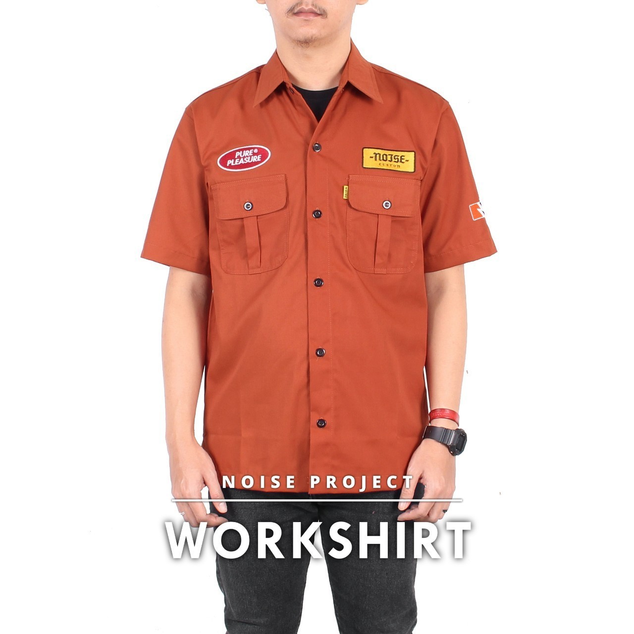 WOLV - Baju Kemeja Kerja Pria Workshirt Merah Bata Lengan Pendek Keren